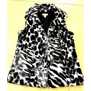 Chico’s Women Faux Fur Best Animal Print Zebra Sleeveless Hook/Eye Pockets Sz 0
